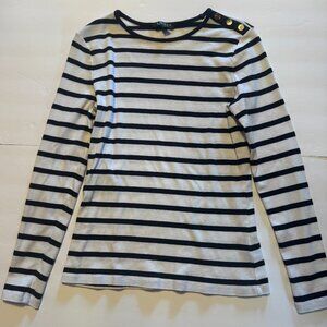 Lauren Ralph Lauren Womens Navy White Striped Shirt Size M Gold Button Shoulder